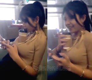 Beautiful Indian Office Girl Drinking Coffee on Top of Her Big Boobs