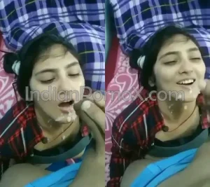 Desi girlfriend cum on her face with Hindi dirty talking